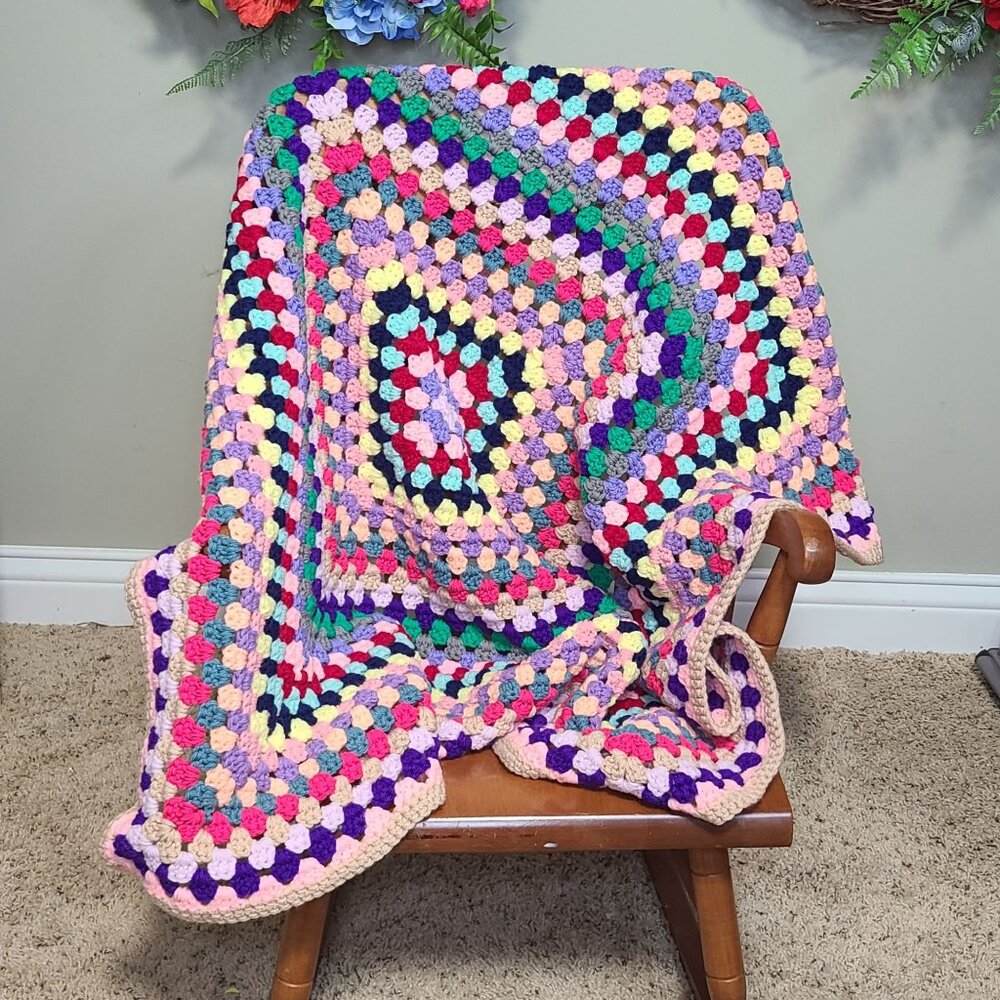 Handmade Multicolor Granny Square Crochet Blanket Baby/Lap Throw, Cottagecore